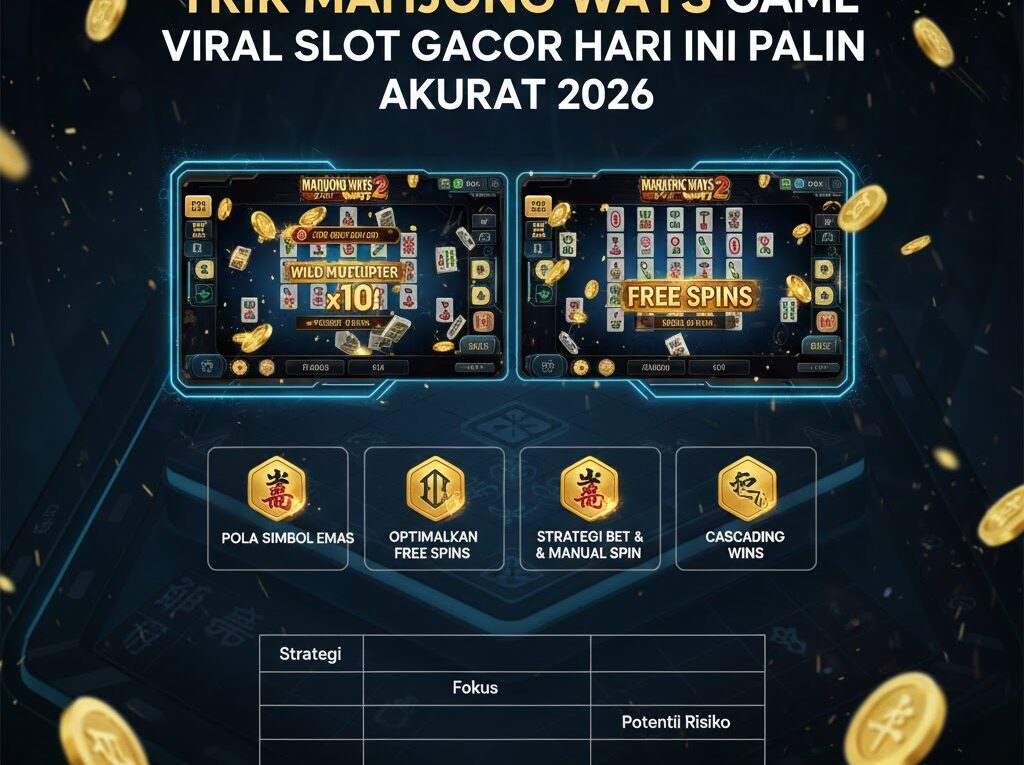 Infografis panduan Trik Mahjong Ways Game Viral yang menampilkan pola simbol emas, cara memicu free spins, dan tabel manajemen bet untuk slot gacor hari ini.